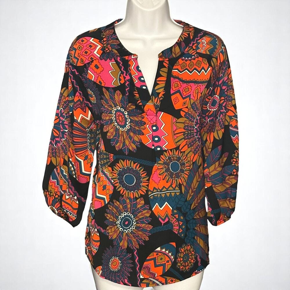 Julie Brown NYC Colorful Blouse Oversized 2 V Neck Native Feathers 3/4 Sleeve